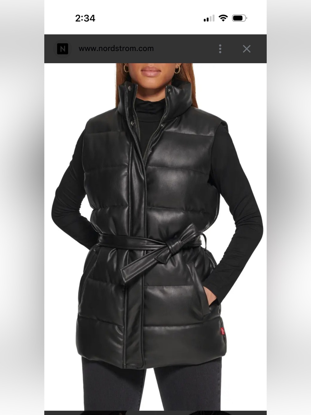 Levi's Black Quilted Faux-Leather Belted Puffer Vest